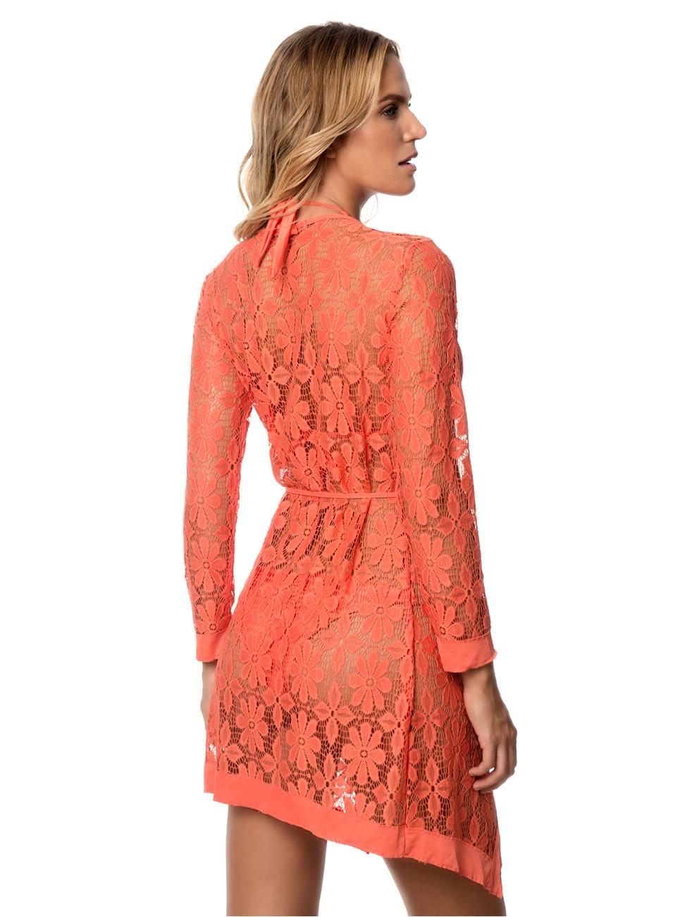 F4572-1 Tropical Orange Tie up Long Sleeves Lace Bathing Suit Beachwear